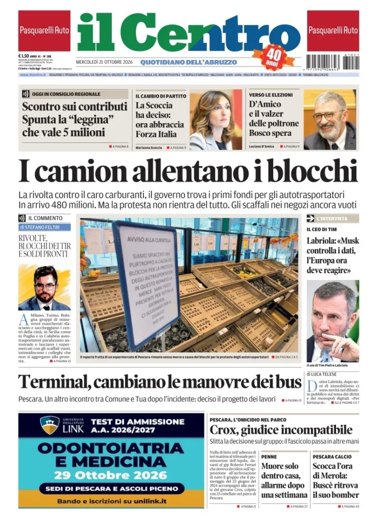 Prima-pagina-il centro-oggi-edizione-del-2026-10-21